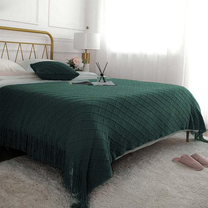 Green Diamond Pattern Knitted Throw Blanket Warm Cozy Woven Cover Couch Bed Sofa Home Decor with Tassels