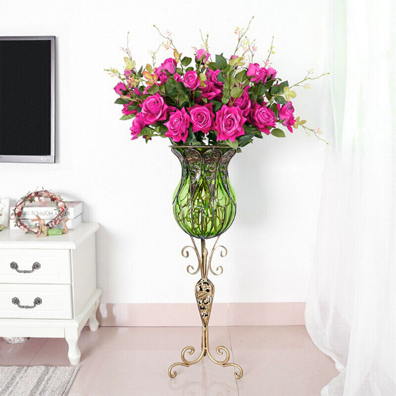 85cm Green Glass Tall Floor Vase and 12pcs Dark Pink Artificial Fake Flower Set