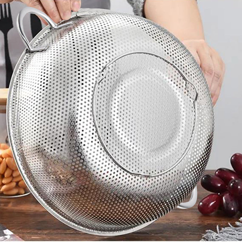 Stainless Steel Perforated Metal Colander Set Food Strainer Basket Mesh Net Bowl with 2 Handle