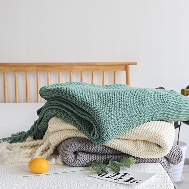 Green Tassel Fringe Knitting Blanket Warm Cozy Woven Cover Couch Bed Sofa Home Decor