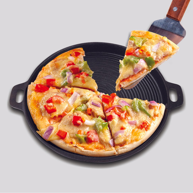 35cm Round Ribbed Cast Iron Frying Pan Skillet Steak Sizzle Platter with Handle