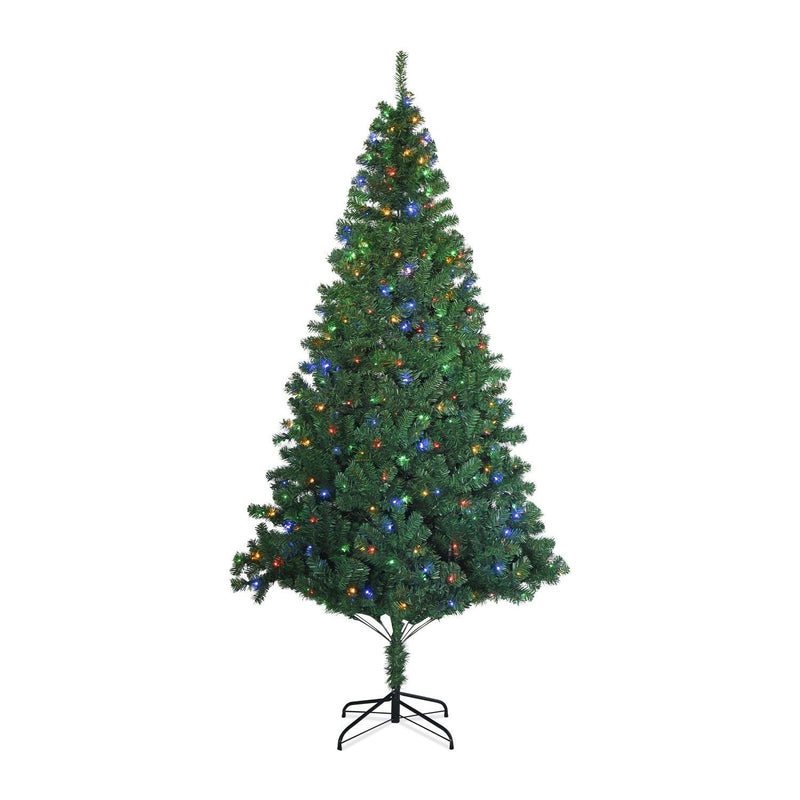 2.4m Hinged Construction Easy Assembly Artificial Christmas Tree with 4 Colour LED Lights