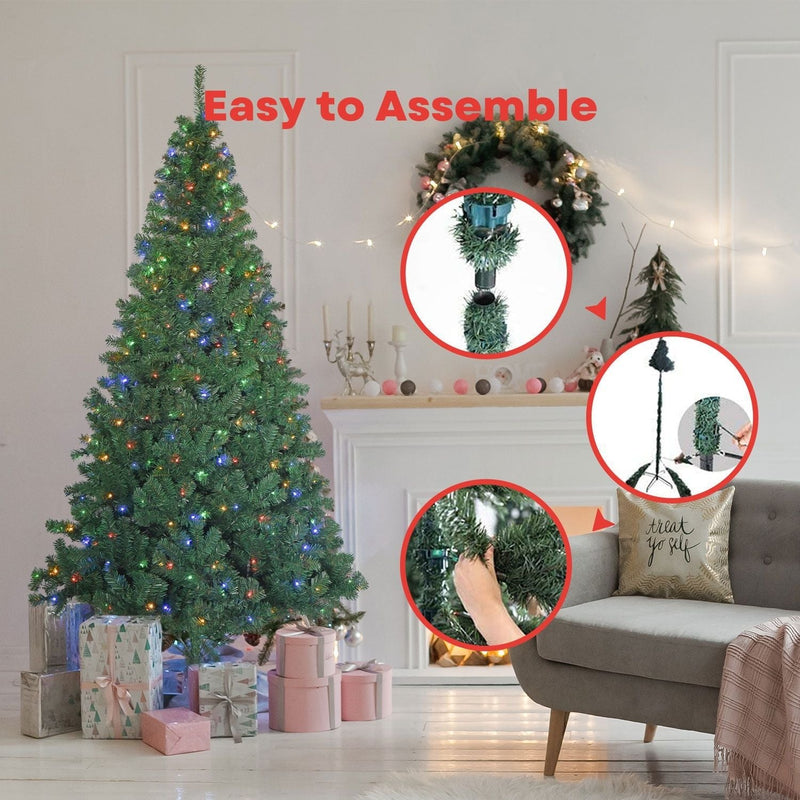 2.1m Easy Assembly Hinged Construction Artificial Christmas Tree With 4 Colour LED