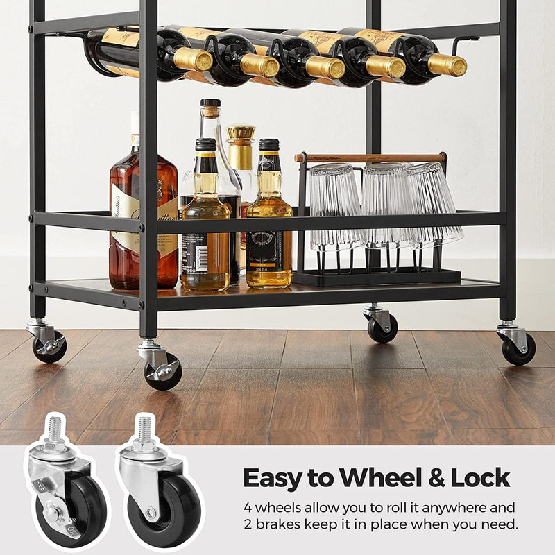 Bar Cart with Wheels Rustic Brown and Black