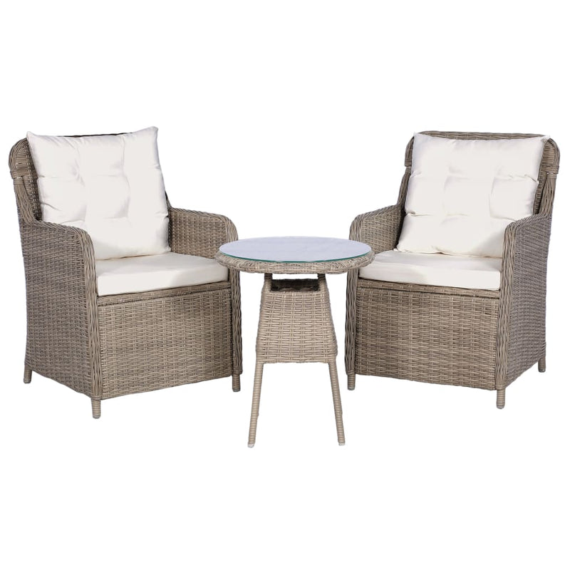 3 Piece Bistro Set with Cushions and Pillows Poly Rattan Brown