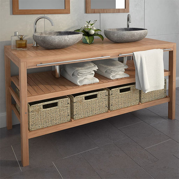 Bathroom Vanity Cabinet with 4 Baskets Solid Teak 132x45x75 cm