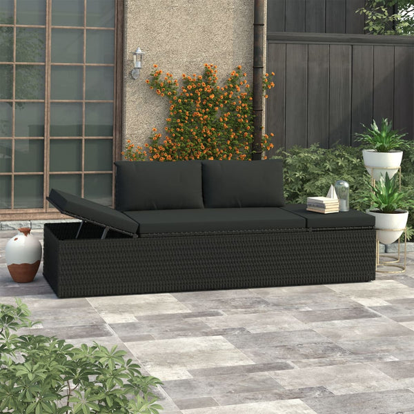 Sun Bed with Cushions Poly Rattan Black