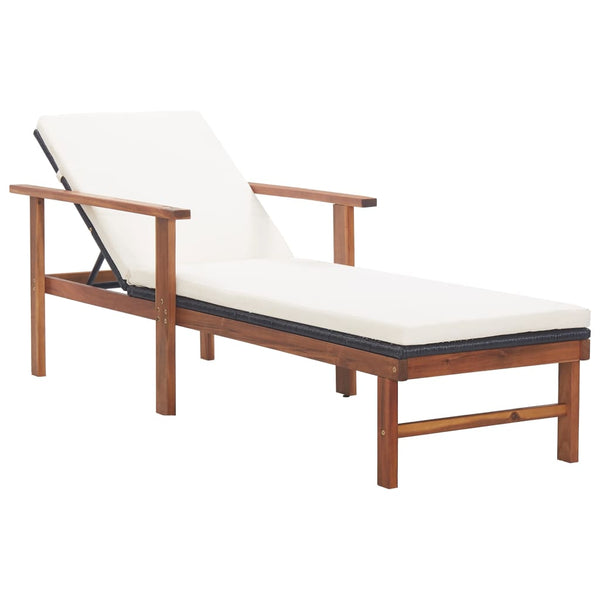 Sun Lounger with Cushion Poly Rattan and Solid Acacia Wood Black