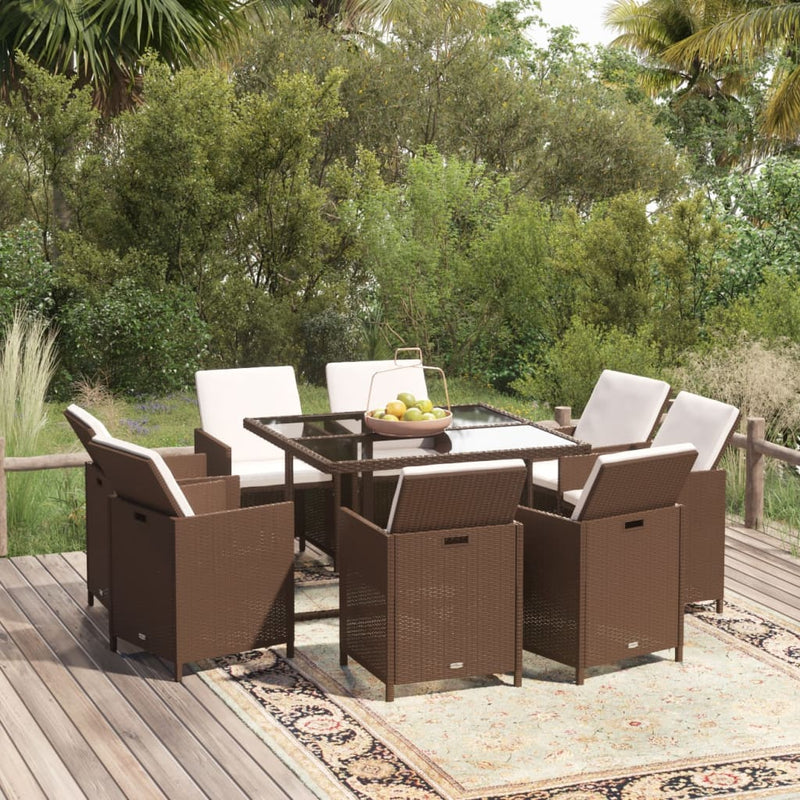 9 Piece Garden Dining Set with Cushions Poly Rattan Brown