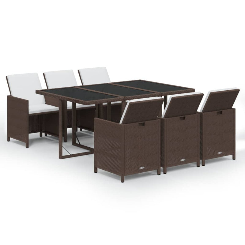 7 Piece Garden Dining Set with Cushions Poly Rattan Brown