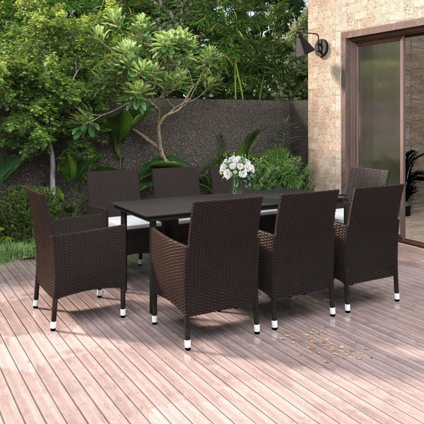 9 Piece Garden Dining Set with Cushions Poly Rattan and Glass