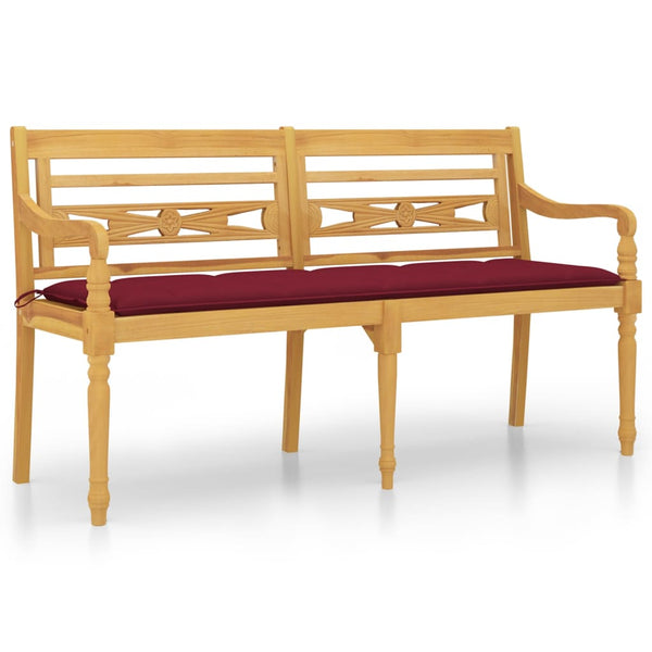 Batavia Bench with Wine Red Cushion 150 cm Solid Wood Teak