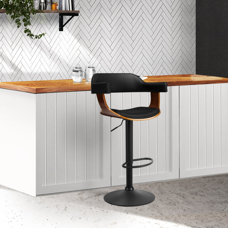 Bar Stool Curved Gas Lift PU Leather - Black and Wood