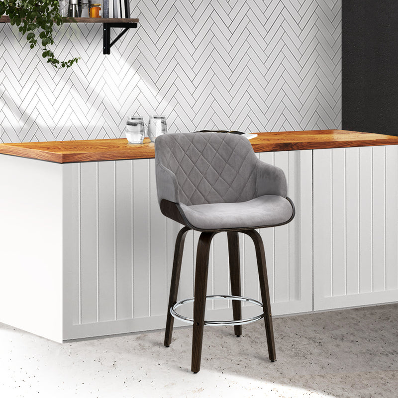 Velvet Bar Stool Swivel - Grey and Wood