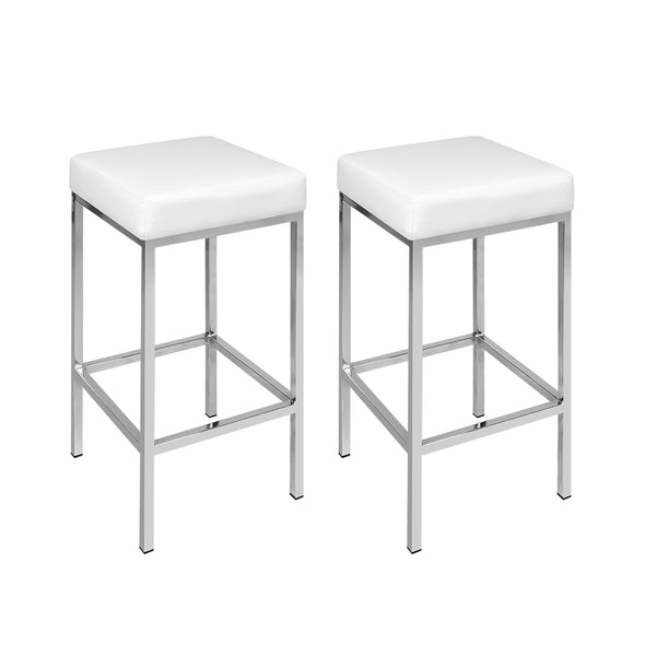 Set of 2 PU Leather Backless Bar Stools - White and Chrome