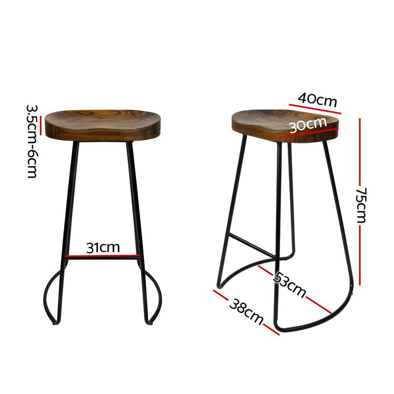 Set of 2 Backless Elm Wood Bar Stools 75cm - Black