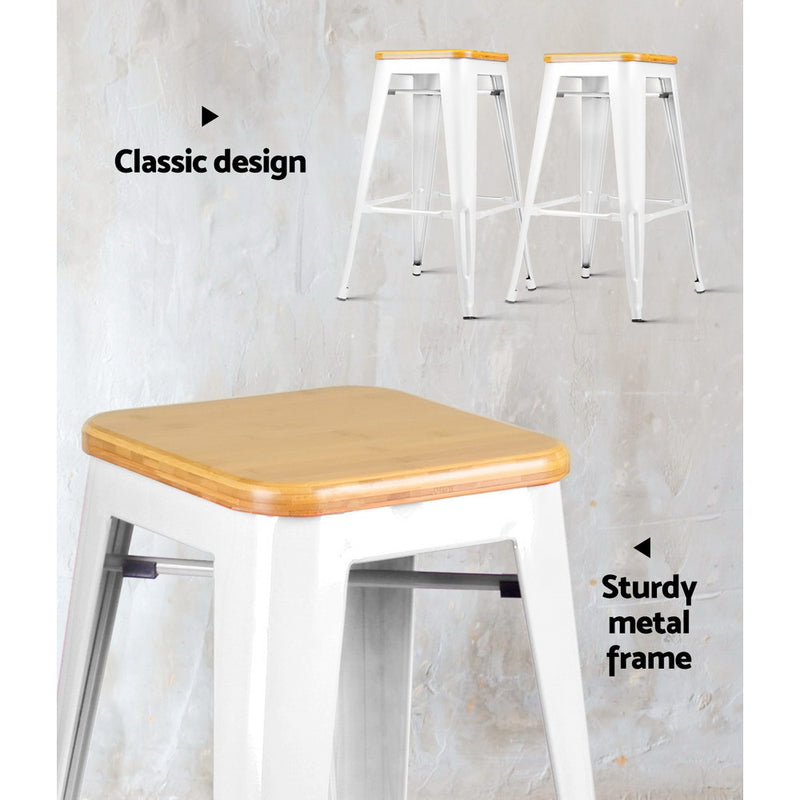 Set of 2 Metal and Bamboo Bar Stools - White