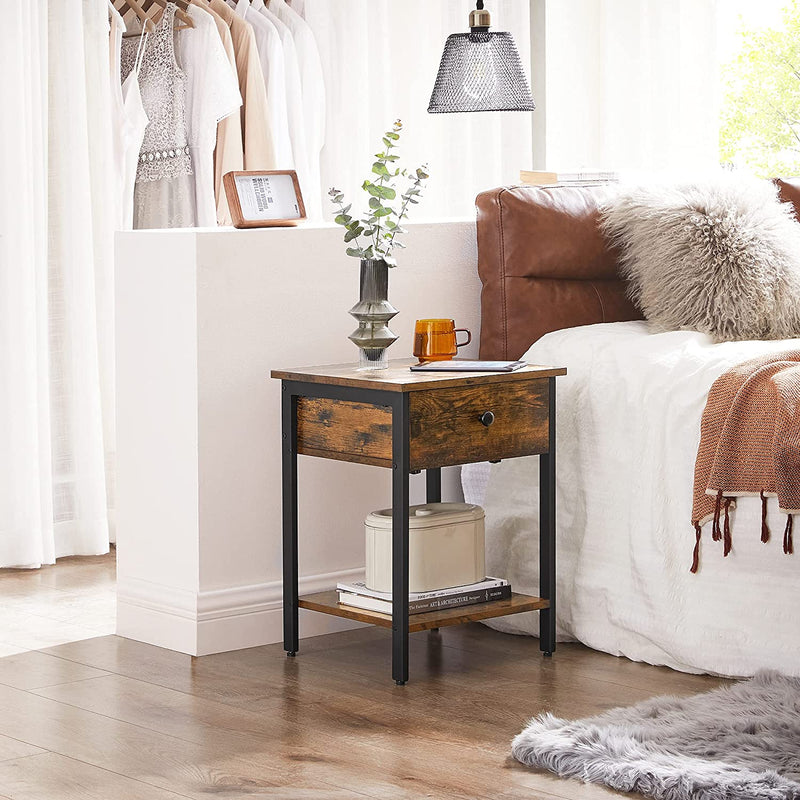 End Table with Drawer and Shelf Rustic Brown and Black