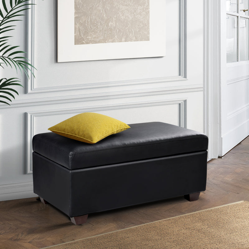 Faux PU Leather Storage Ottoman - Black