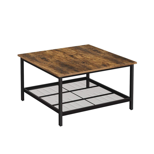 Industrial Style Rustic Brown and Black Square Coffee Table with Spacious Table Top Robust Steel Frame and Mesh Storage Shelf