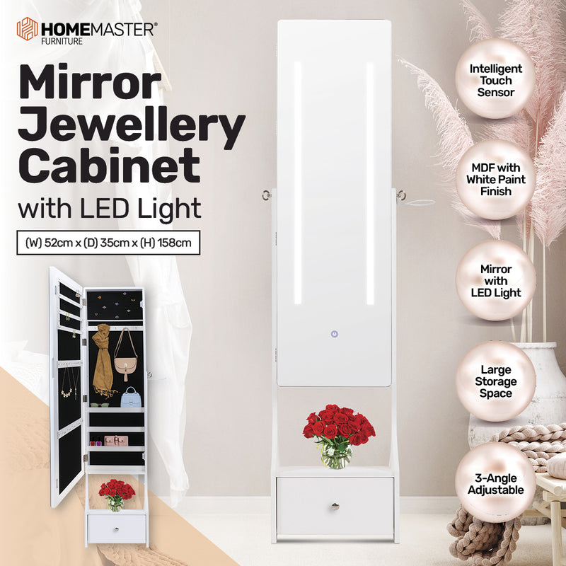 Home Master 158cm Mirror Jewellery Cabinet LED Lighting & Adjustable Angling