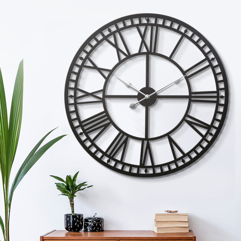 80CM Large Wall Clock Roman Numerals Round Metal Luxury Home Decor Black