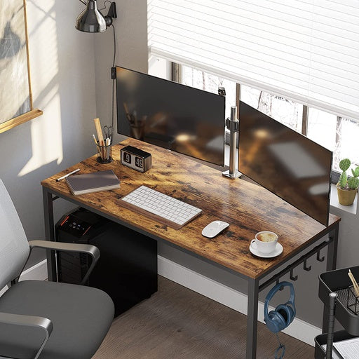 Rustic Brown Computer Desk with 8 Hooks 120cm