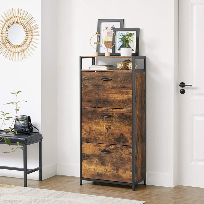 Shoe Cabinet 3 Tier with Shelf Rustic Brown and Black