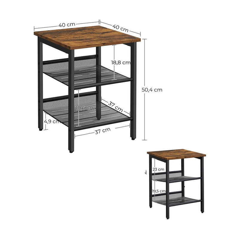 Set of 2 Rustic Brown and Black Side Table with Adjustable Mesh Shelves