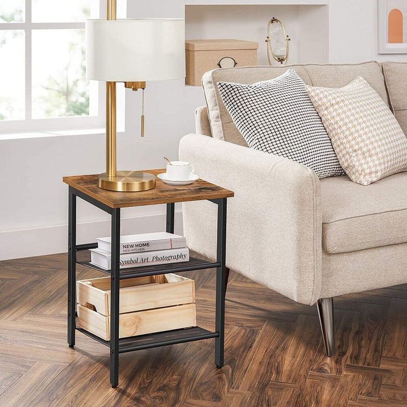 Set of 2 Rustic Brown and Black Side Table with Adjustable Mesh Shelves