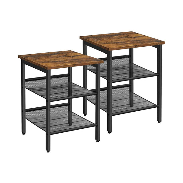 Set of 2 Rustic Brown and Black Side Table with Adjustable Mesh Shelves